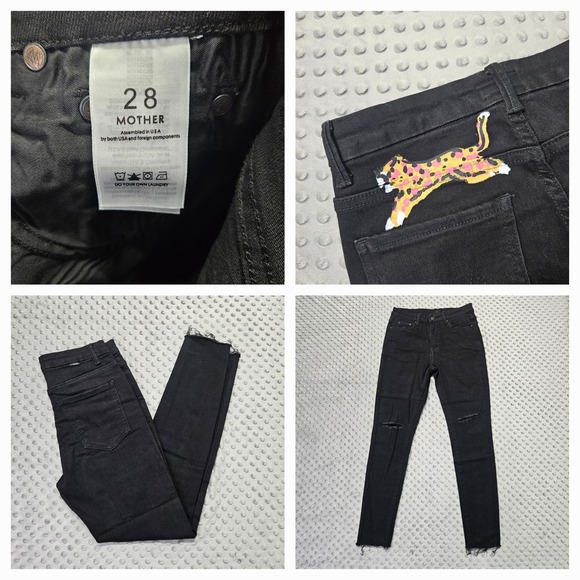 MOTHER Looker Ankle Fray Girl Crush Black Leopard Painting Distressed‎ Jeans